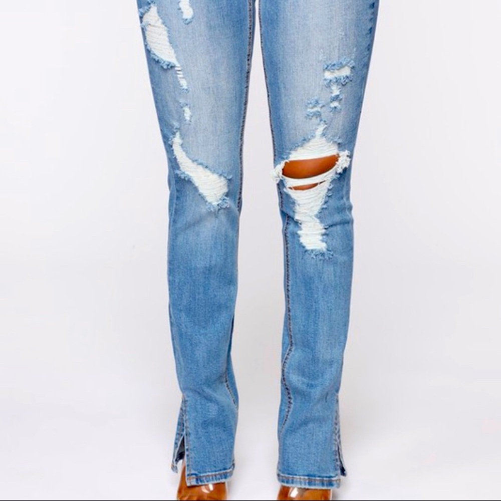 Medium Wash Distressed Jeans with side slit
